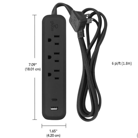 New Globe Electric Cord 3 Outlets USB Ports Strip Black extension phone charger - Picture 2 of 5